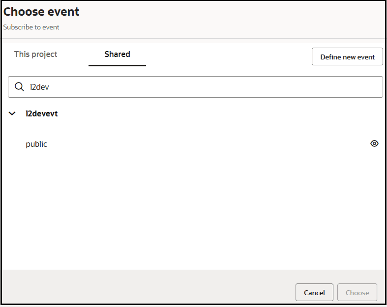 The Choose event dialog is shown. Tabs for This project and Shared (which is selected) are shown. The Define new event button is shown. The Search field is shown. Below this, the public event is selected.