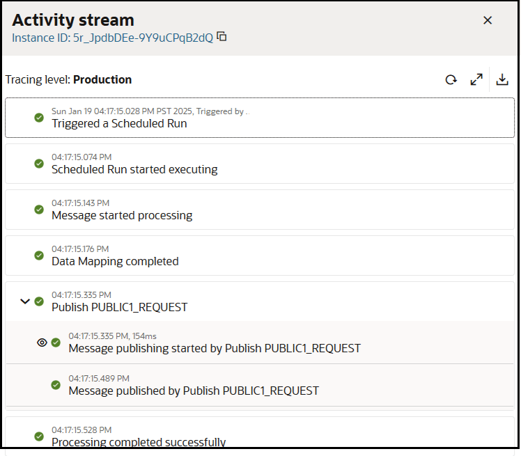 The activity stream shows the key milestones of the integration instance. All are green, indicating that they were successfully processed. The activity stream is expanded to show that the shared published event was successfully processed.