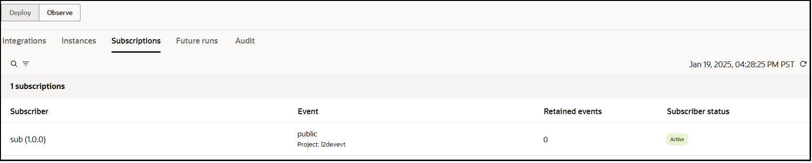 The Deploy and Observe tabs (which is selected) are shown. The Integrations, Instances, Subscriptions (which is selected), Future runs, and Audits tabs are shown. Search and filter icons are shown. A table is shown with columns for Subscriber, Event, Retained events, and Subscriber status. The date and a refresh button appear in the upper right.