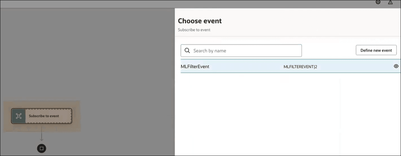 The Choose event panel appears on the right. A search field and Define new event button appear. Below this is the list of events available for selection. On the left is the event integration pattern icon.