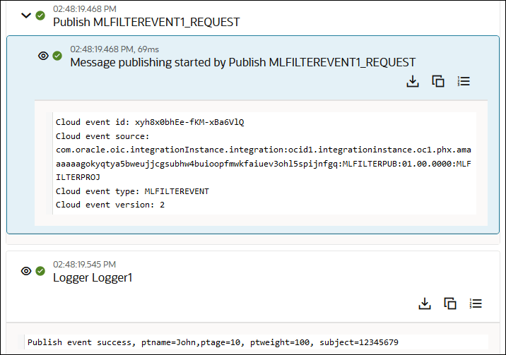 The activity stream shows three icons in the upper right. Below is the publish milestone is expanded to show message details. Below this is a logger activity.