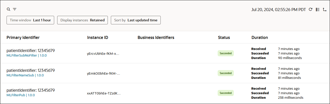 The Instances tab shows search and filter icons. Below this is the configured filter. In the upper right is a timestamp and three icons. Below is a table with columns for Primary Identifier, Instance ID, Business Identifiers, Status, and Duration.