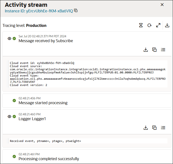 The activity stream shows the instance ID at the top. Four icons appear in the upper right. The tracing level is set to Production. Below is the publish milestone is expanded to show message details. Below this, the Message received by Subscribe activity is expanded to show message details. The logger activity is also expanded to show message details..