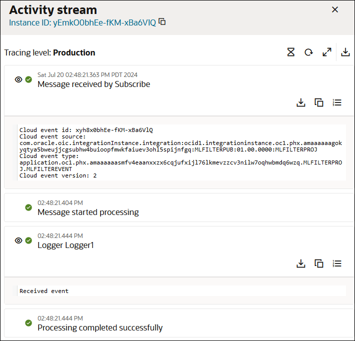 The activity stream shows the instance ID at the top. Four icons appear in the upper right. The tracing level is set to Production. Below is the publish milestone is expanded to show message details. Below this, the Message received by Subscribe activity is expanded to show message details. The logger activity is also expanded to show message details..