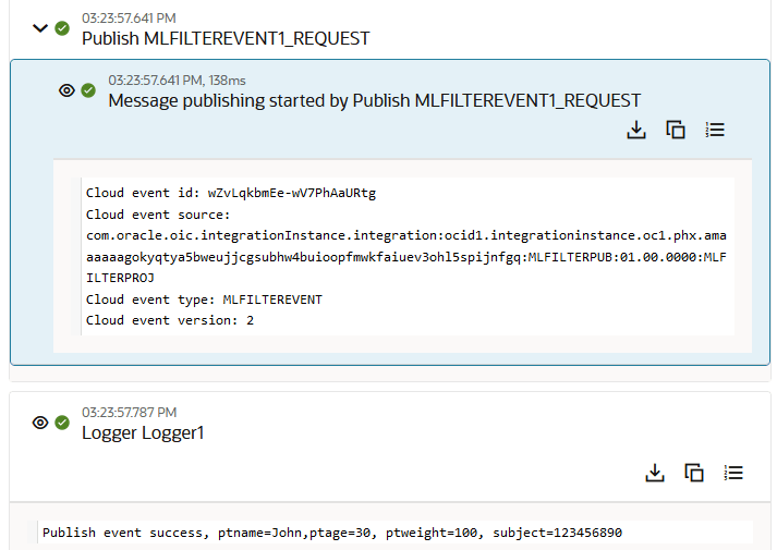 The activity stream shows three icons in the upper right. Below is the message publishing activity is expanded to show message details. Below this is a logger activity.