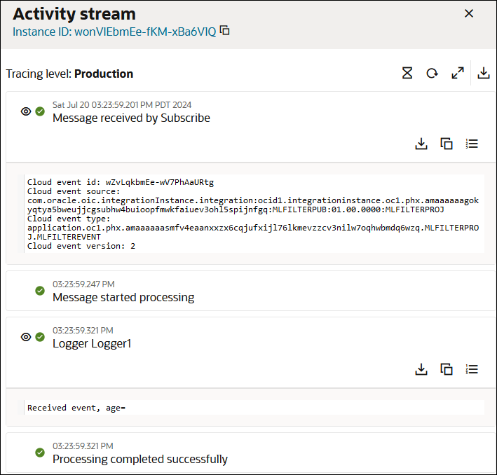 The activity stream is shown. The instance ID is shown at the top. The tracing level is production. Four icons are shown at the top right. The key milestones in the activity stream are shown. The message payload is shown for one of the milestones.