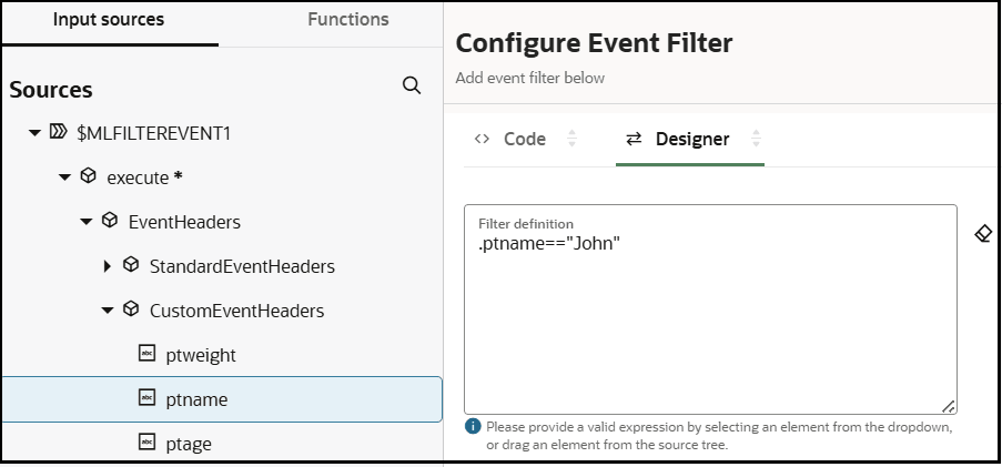 The Input sources (which is selected) and Functions tabs are shown. The Sources tree is expanded to show the ptname element. This element has been dragged to the design window, which is displayed when you click the Designer tab. There is also a Code tab. The filter is defined with the ptname element set to "John."