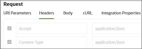 The Headers tab in the Request section is selected to show two application/json headers.