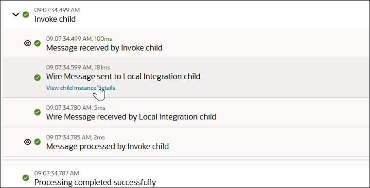 The activity stream shows details about the parent integration. The expand and download icons are shown at the top. After this are the messages in the activity stream. The Wire Message sent to Local Integration child section shows the link called View child instance details being clicked.
