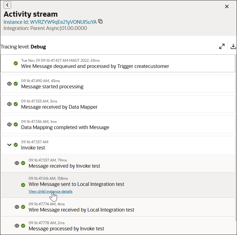 The activity stream shows details about the child integration. The refresh, expand, download icons are shown at the top. After this are the messages in the child activity stream. The View child instance details link is being clicked.