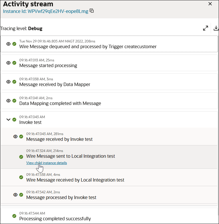 The activity stream shows details about the child integration. The refresh, expand, download icons are shown at the top. After this are the messages in the child activity stream. The View child instance details link is being clicked.