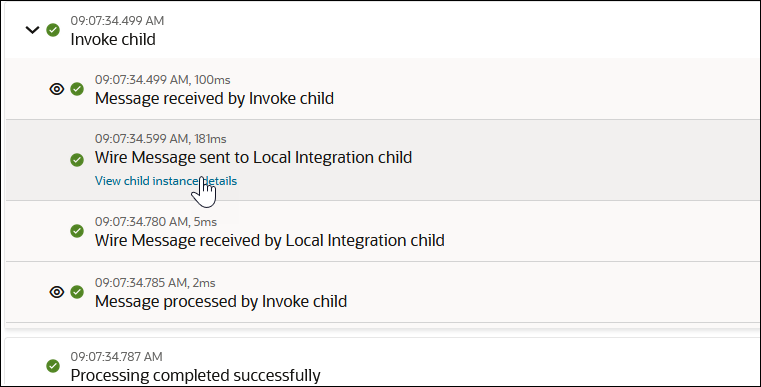 The activity stream shows details about the parent integration. The expand and download icons are shown at the top. After this are the milestones in the activity stream. The Wire Message sent to Local Integration child section shows the link called View child instance details being clicked.
