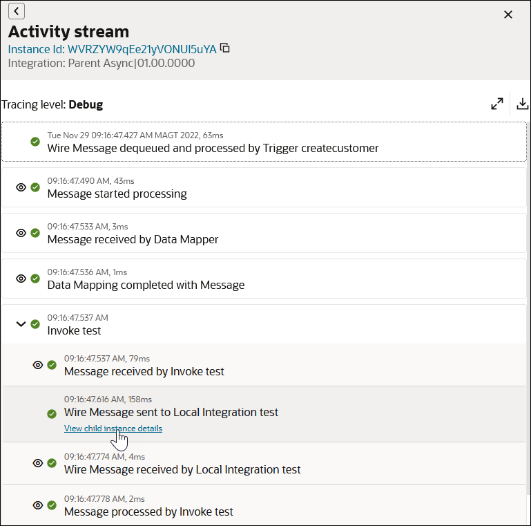 The activity stream shows details about the child integration. The refresh, expand, download icons are shown at the top. After this are the milestones in the child activity stream. The View child instance details link is being clicked.