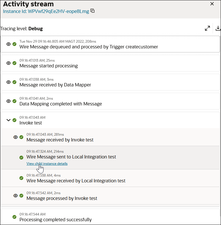 The activity stream shows details about the child integration. The refresh, expand, download icons are shown at the top. After this are the milestones in the child activity stream. The View child instance details link is being clicked.