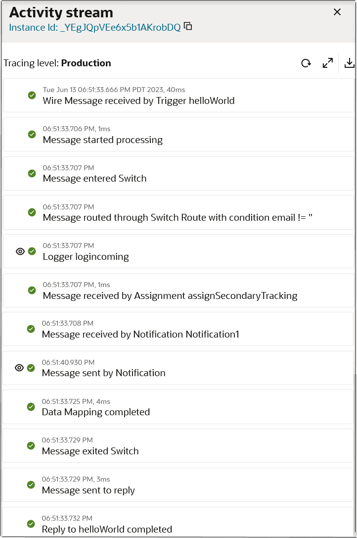 The Activity stream panel is shown. The instance ID value is shown. The Tracing level is set to production. Below this are sections of the integration through which the message was passed. Each is green, indicating success. The Activity stream panel is shown. The instance ID value is shown. The Tracing level is set to production. Below this are sections of the integration through which the message was passed. Each is green, indicating success.