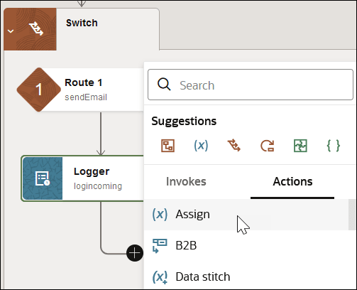 The Route 1 icon is shown. Below this, the Logger icon with the + (Add) icon is shown. The Search field appears at the top. The Suggestions section follows with a list of commonly selected actions. Below are the Invokes and Actions tab. The Actions tab is selected to show a list of available actions. The Assign action is being selected. The Route 1 icon is shown. Below this, the Logger icon with the + (Add) icon is shown. The Search field appears at the top. The Suggestions section follows with a list of commonly selected actions. Below are the Invokes and Actions tab. The Actions tab is selected to show a list of available actions. The Assign action is being selected.