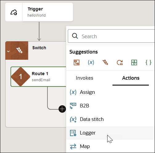 The Switch icon is shown. Below this, the Route 1 icon with the + (Add) icon is shown. The Search field appears at the top. The Suggestions section follows with a list of commonly selected actions. Below are the Invokes and Actions tab. The Actions tab is selected to show a list of available actions. The Logger action is being selected. The Switch icon is shown. Below this, the Route 1 icon with the + (Add) icon is shown. The Search field appears at the top. The Suggestions section follows with a list of commonly selected actions. Below are the Invokes and Actions tab. The Actions tab is selected to show a list of available actions. The Logger action is being selected.