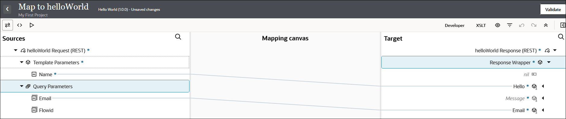The Map to helloWorld map shows the Sources, Mapping canvas, and Target sections. The source Name element has been dragged to the target Hello element and the source Email element has been dragged to the target Email element. The Validate button appears in the upper right. Below this button are the Developer, XSLT, and six other icons. Above the Sources label are three icons. The Map to helloWorld map shows the Sources, Mapping canvas, and Target sections. The source Name element has been dragged to the target Hello element and the source Email element has been dragged to the target Email element. The Validate button appears in the upper right. Below this button are the Developer, XSLT, and six other icons. Above the Sources label are three icons.