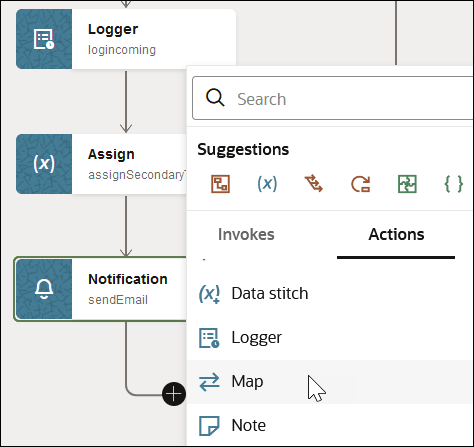 The Logger icon shown. Below this, the Assign icon is shown. Below this, the Notification icon with the + (Add) icon is shown. The Search field appears at the top. The Suggestions section follows with a list of commonly selected actions. Below are the Invokes and Actions tab. The Actions tab is selected to show a list of available actions. The Map action is being selected. The Logger icon shown. Below this, the Assign icon is shown. Below this, the Notification icon with the + (Add) icon is shown. The Search field appears at the top. The Suggestions section follows with a list of commonly selected actions. Below are the Invokes and Actions tab. The Actions tab is selected to show a list of available actions. The Map action is being selected.