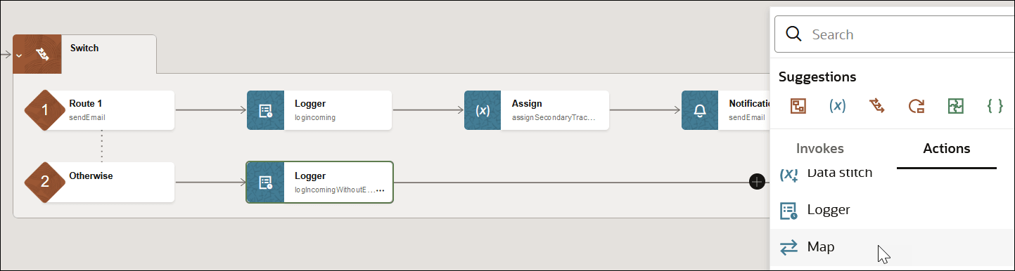 The two routes of the Switch actions are shown. Route 1 shows Logger, Assign, and Notification actions. The Otherwise route shows a Logger action with the + (Add) icon. The Search field appears at the top. The Suggestions section follows with a list of commonly selected actions. Below are the Invokes and Actions tab. The Actions tab is selected to show a list of available actions. The Map action is being selected. The two routes of the Switch actions are shown. Route 1 shows Logger, Assign, and Notification actions. The Otherwise route shows a Logger action with the + (Add) icon. The Search field appears at the top. The Suggestions section follows with a list of commonly selected actions. Below are the Invokes and Actions tab. The Actions tab is selected to show a list of available actions. The Map action is being selected.