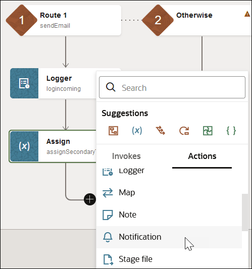The Route 1 and Otherwise icons are shown. Below this, the Logger icon is shown. Below this, the Assign icon with the + (Add) icon is shown. The Search field appears at the top. The Suggestions section follows with a list of commonly selected actions. Below are the Invokes and Actions tab. The Actions tab is selected to show a list of available actions. The Notification action is being selected. The Route 1 and Otherwise icons are shown. Below this, the Logger icon is shown. Below this, the Assign icon with the + (Add) icon is shown. The Search field appears at the top. The Suggestions section follows with a list of commonly selected actions. Below are the Invokes and Actions tab. The Actions tab is selected to show a list of available actions. The Notification action is being selected.