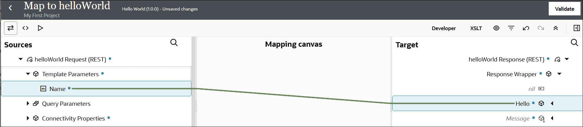 The Map to helloWorld map shows the Sources, Mapping canvas, and Target sections. The source name element has been dragged to the target Hello element. The Validate button appears in the upper right. Below this button are the Developer, XSLT, and six other icons. Above the Sources label are three icons. The Map to helloWorld map shows the Sources, Mapping canvas, and Target sections. The source name element has been dragged to the target Hello element. The Validate button appears in the upper right. Below this button are the Developer, XSLT, and six other icons. Above the Sources label are three icons.