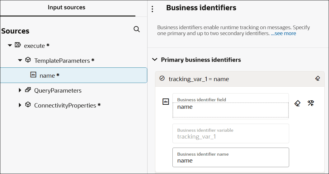The Sources section shows TemplateParameters expanded. The name element has been dragged to the Business identifier name field. Above this field is the Business identifier variable field with tracking_var_1 as the value. Above this is the Business identifier field with a value of name. Two icons appear to the right of this field. All these fields are in the Primary business identifiers panel. The Sources section shows TemplateParameters expanded. The name element has been dragged to the Business identifier name field. Above this field is the Business identifier variable field with tracking_var_1 as the value. Above this is the Business identifier field with a value of name. Two icons appear to the right of this field. All these fields are in the Primary business identifiers panel.