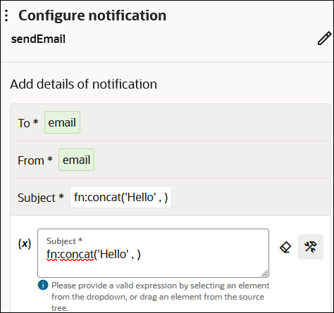 The Configure notification panel shows a name of sendEmail and an Edit icon. Below this is the To field with a value of email, The From field with a value of email, the Subject fields with a value of fn:concat('Hello' , ). Two icons appear to the right. The Configure notification panel shows a name of sendEmail and an Edit icon. Below this is the To field with a value of email, The From field with a value of email, the Subject fields with a value of fn:concat('Hello' , ). Two icons appear to the right.