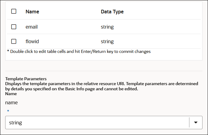 The Name and Data Type columns are shown. Rows with names of email and flowid are shown. Both these names have data type values of string. The Name and Data Type columns are shown. Rows with names of email and flowid are shown. Both these names have data type values of string.