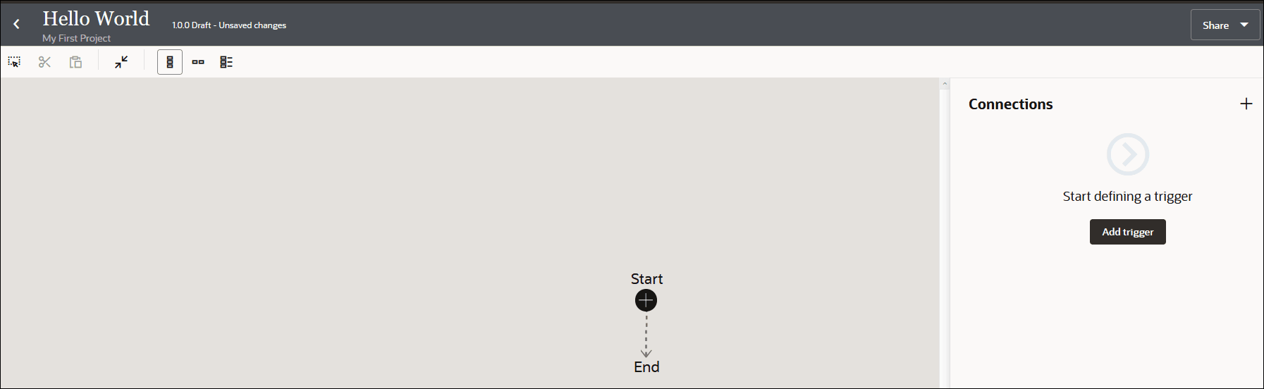 The Hello World integration canvas shows seven icons below the title. To the far right is the Share list. Start and End icons appear in the middle of the canvas. To the right is the Connections section, which includes an Add trigger button. The Hello World integration canvas shows seven icons below the title. To the far right is the Share list. Start and End icons appear in the middle of the canvas. To the right is the Connections section, which includes an Add trigger button.