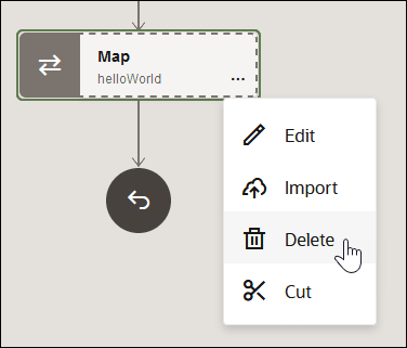 The … menu of the Map icon is clicked to display options for Edit, Import, Delete (which is being selected), and Cut. The … menu of the Map icon is clicked to display options for Edit, Import, Delete (which is being selected), and Cut.