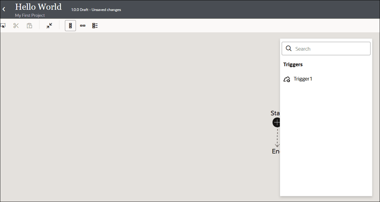The Hello World integration canvas shows seven icons below the title. To the far right is the Share list. Start and End icons appear in the middle of the canvas. To the right is the Connections section, which includes an Add trigger button. The Hello World integration canvas shows seven icons below the title. To the far right is the Share list. Start and End icons appear in the middle of the canvas. To the right is the Connections section, which includes an Add trigger button.