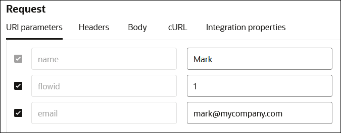 The Request section shows the URI parameters (which is selected), Headers, Body, cURL, and Integration properties tabs. Fields are provided for entering the name, flowid, and email values. The Request section shows the URI parameters (which is selected), Headers, Body, cURL, and Integration properties tabs. Fields are provided for entering the name, flowid, and email values.