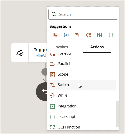 The Search field appears at the top. The Suggestions section follows with a list of commonly selected actions. Below are the Invokes and Actions tab. The Actions tab is selected to show a list of available actions. The Switch action is being selected. The Search field appears at the top. The Suggestions section follows with a list of commonly selected actions. Below are the Invokes and Actions tab. The Actions tab is selected to show a list of available actions. The Switch action is being selected.