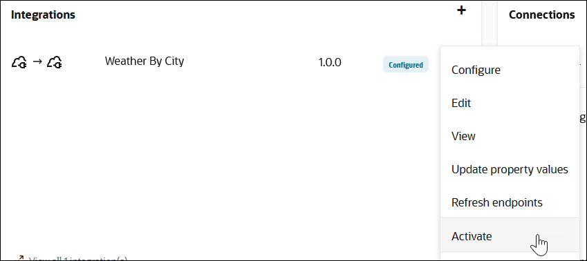 The Integrations section shows Weather By City with a version of 1.0.0 and a state of Configured. To the right is a menu with the Activate option being selected. The Integrations section shows Weather By City with a version of 1.0.0 and a state of Configured. To the right is a menu with the Activate option being selected.