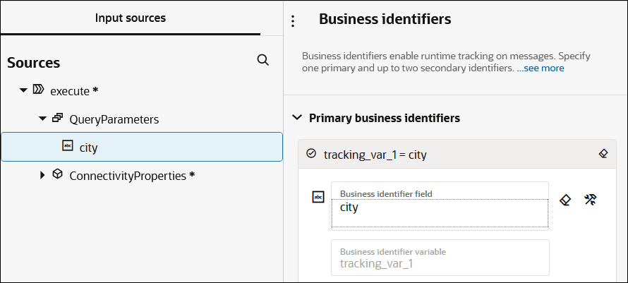 The Sources section shows TemplateParameters expanded. The city element has been dragged to the Business identifier name field. Above this field is the Business identifier variable field with tracking_var_1 as the value. Above this is the Business identifier field with a value of city. Two icons appear to the right of this field. All these fields are in the Primary business identifiers panel. The Sources section shows TemplateParameters expanded. The city element has been dragged to the Business identifier name field. Above this field is the Business identifier variable field with tracking_var_1 as the value. Above this is the Business identifier field with a value of city. Two icons appear to the right of this field. All these fields are in the Primary business identifiers panel.