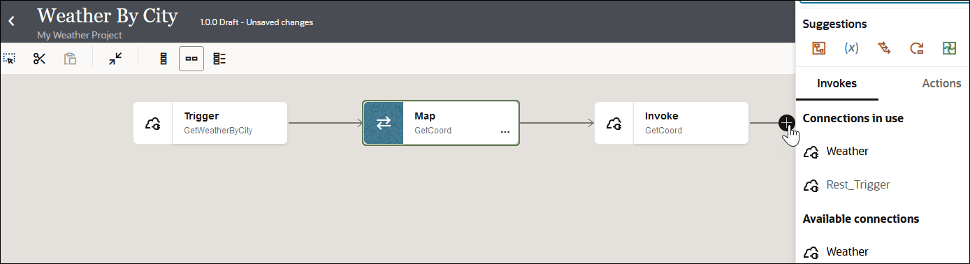 The trigger connection, map, and invoke connection are shown in the integration canvas. To the right of the invoke connection is an Add icon that is being selected. A menu is displayed with a Suggestions section and Invokes and Actions icons. Invokes is selected to show sections for Connections in use and Available connections. The trigger connection, map, and invoke connection are shown in the integration canvas. To the right of the invoke connection is an Add icon that is being selected. A menu is displayed with a Suggestions section and Invokes and Actions icons. Invokes is selected to show sections for Connections in use and Available connections.
