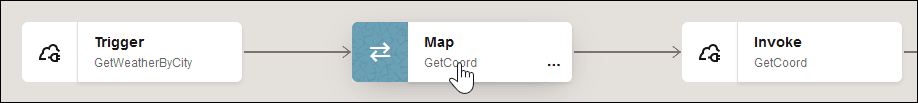 The trigger connection, map, and invoke connection are shown in the integration canvas. The map is being selected. The trigger connection, map, and invoke connection are shown in the integration canvas. The map is being selected.