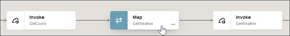 The invoke connection, map, and invoke connection are shown in the integration canvas. The map is being selected. The invoke connection, map, and invoke connection are shown in the integration canvas. The map is being selected.