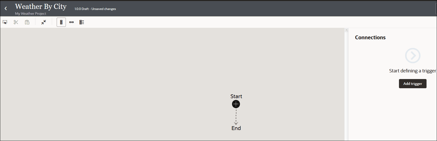 The Weather By City integration canvas shows seven icons below the title. To the far right is the Share list. Start and End icons appear in the middle of the canvas. To the right is the Connections section, which includes an Add trigger button. The Weather By City integration canvas shows seven icons below the title. To the far right is the Share list. Start and End icons appear in the middle of the canvas. To the right is the Connections section, which includes an Add trigger button.