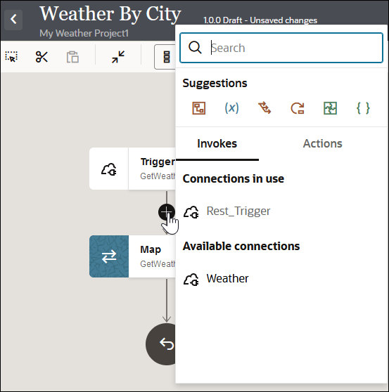 The Add icon below the Trigger connection is selected. Below this is a map. On the right, a menu is shown with a Search field, a Suggestions section, and Invoke and Actions tab. Invokes is selected to show Connections in use and Available connections. The Add icon below the Trigger connection is selected. Below this is a map. On the right, a menu is shown with a Search field, a Suggestions section, and Invoke and Actions tab. Invokes is selected to show Connections in use and Available connections.