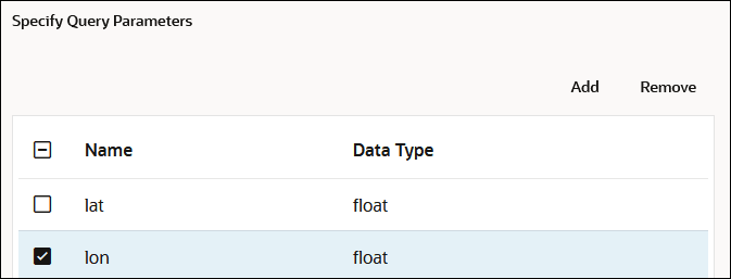 The Name and Data Type columns are shown. Rows with names of lat and lon are shown. Both names have data type values of float. The Name and Data Type columns are shown. Rows with names of lat and lon are shown. Both names have data type values of float.