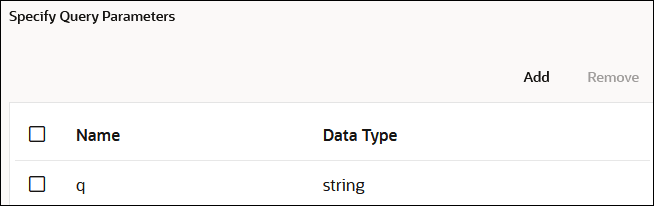 The Name and Data Type columns are shown. A row with a name of q is shown. This name has a data type value of string. The Name and Data Type columns are shown. A row with a name of q is shown. This name has a data type value of string.
