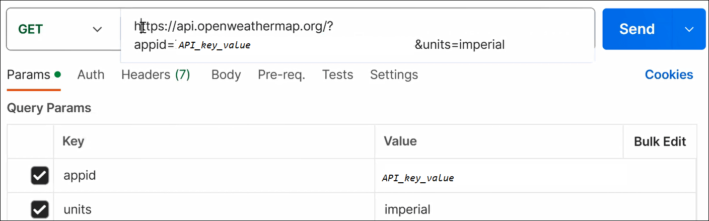 The GET option is selected. The URL to test is specified to the right. The Send option appears to the right. Below this are tabs for Params (which is selected), Auth, Headers, Body, Pre-req, Tests, and Settings. Below this is a table with columns for Key, Value, and Bulk Edit. Values are specified for the appid and units query parameters. The GET option is selected. The URL to test is specified to the right. The Send option appears to the right. Below this are tabs for Params (which is selected), Auth, Headers, Body, Pre-req, Tests, and Settings. Below this is a table with columns for Key, Value, and Bulk Edit. Values are specified for the appid and units query parameters.