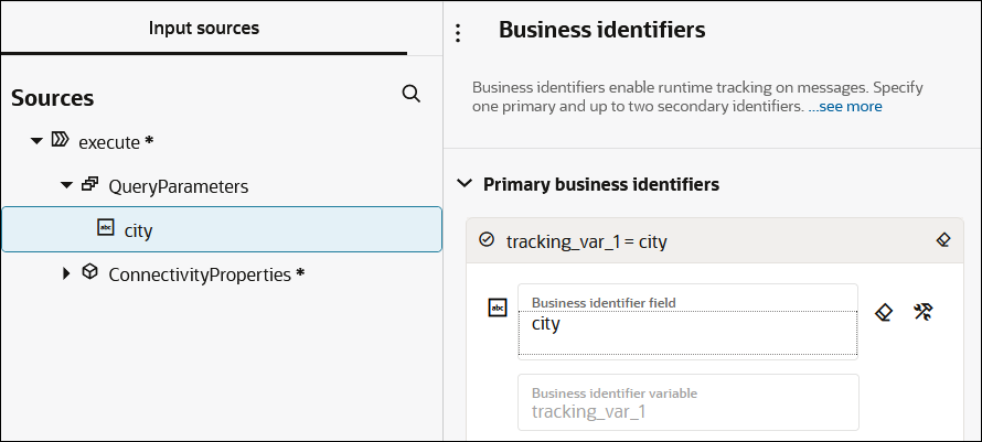 The Sources section shows TemplateParameters expanded. The city element has been dragged to the Business identifier name field. Above this field is the Business identifier variable field with tracking_var_1 as the value. Above this is the Business identifier field with a value of city. Two icons appear to the right of this field. All these fields are in the Primary business identifiers panel.