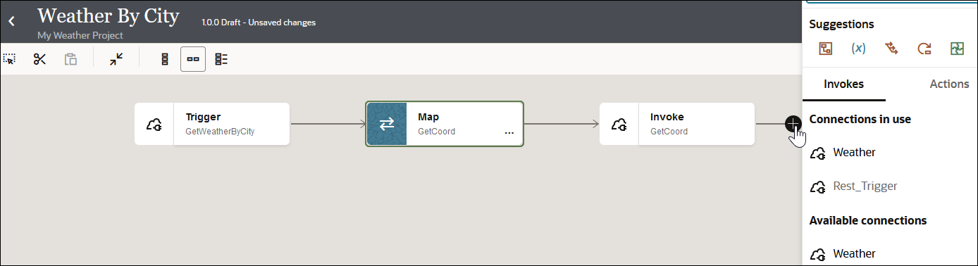 The trigger connection, map, and invoke connection are shown in the integration canvas. To the right of the invoke connection is an Add icon that is being selected. A menu is displayed with a Suggestions section and Invokes and Actions icons. Invokes is selected to show sections for Connections in use and Available connections.