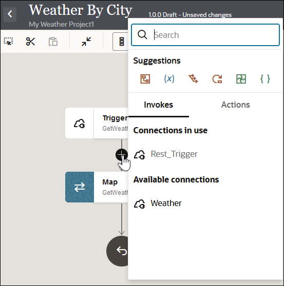 The Add icon below the Trigger connection is selected. Below this is a map. On the right, a menu is shown with a Search field, a Suggestions section, and Invoke and Actions tab. Invokes is selected to show Connections in use and Available connections.
