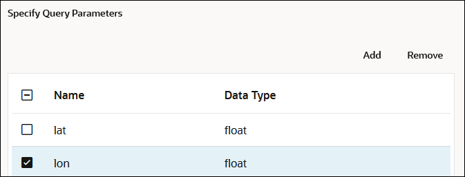 The Name and Data Type columns are shown. Rows with names of lat and lon are shown. Both names have data type values of float.