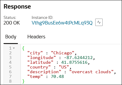 The Response section shows a status of 200 IK, the instance ID, and tabs for Body and Headers. Body is selected to show values for city (Chicago), longitude, latitude, country, description, and temp.