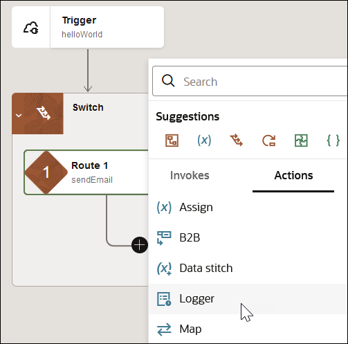 The Switch icon is shown. Below this, the Route 1 icon with the + (Add) icon is shown. The Search field appears at the top. The Suggestions section follows with a list of commonly selected actions. Below are the Invokes and Actions tab. The Actions tab is selected to show a list of available actions. The Logger action is being selected.